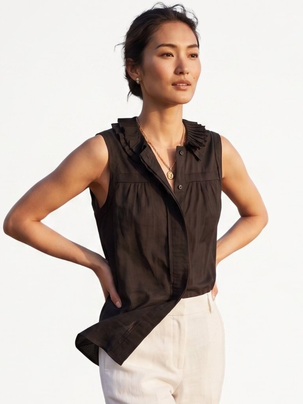 Tory Burch Brown Pleated Ruffle Sleeveless Blouse 6 NWOT